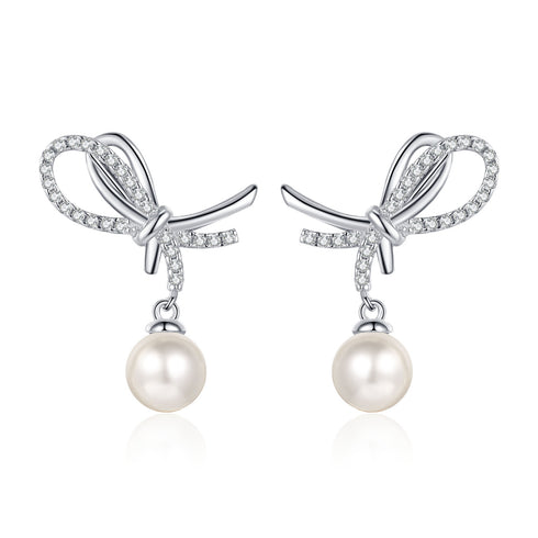 Elegant Moissanite Bow Pearl Stud Earrings